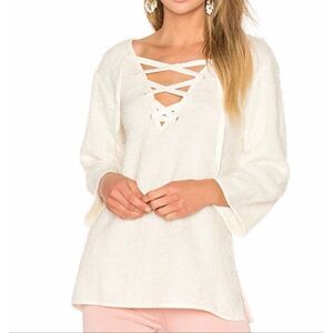 Line + Dot Sweater Lace Up Fuzzy Revolve V neck Cream size Large